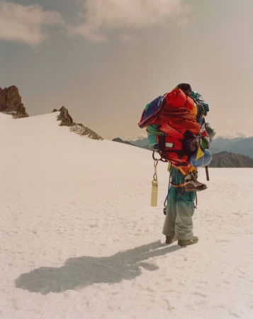 Person heavily loaded with gear ascends snowy, mountainous terrain under a cloudy sky, casting a long shadow on the snowfield.