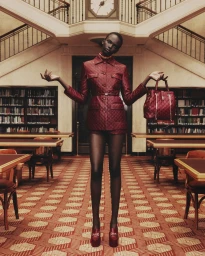 Model standing in a grand wood-paneled library wearing a matching dark red jacket and holding a matching handbag