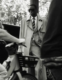 Model in sunglasses and trench coat standing outdoors with a bicycle in the foreground