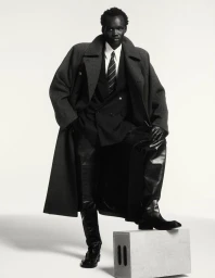Black man wearing dark wool coat and striped tie posing with one foot on a box against a white background