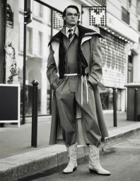 Model in layered coat and cowboy boots standing on a city street for Behind the Blinds