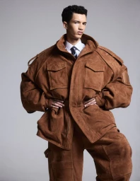 Model wearing an oversized brown suede jacket and matching trousers against a plain grey background