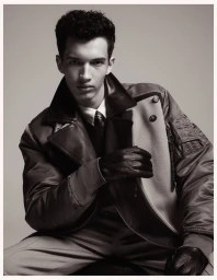 A young male model wearing a paneled bomber jacket, white shirt, tie, and leather gloves against a neutral studio background.