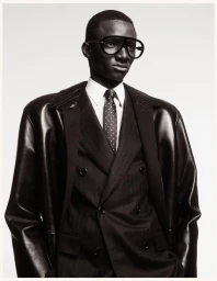 Black man wearing large black glasses, a white collared shirt, polka dot tie, pinstripe suit jacket, and leather coat.