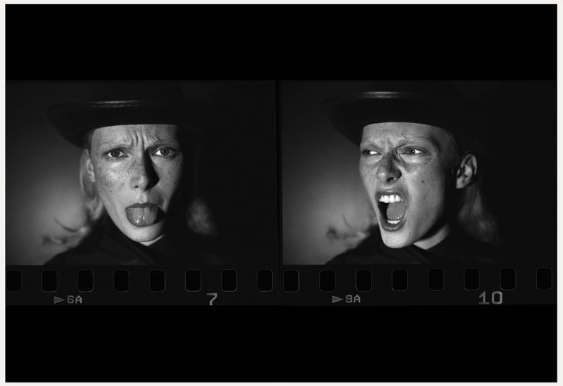 Black-and-white film strip featuring a woman with a hat, her face captured in two distinct expressions: one with her tongue out, the other screaming.