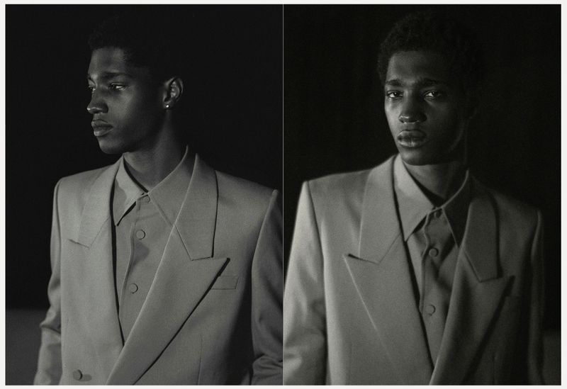 Monochrome diptych portrait of an African American male model in a light-colored suit against a dark background in a photo studio setting.
