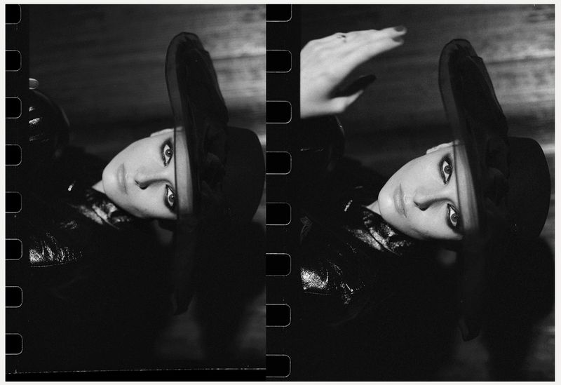 Black and white portrait of a woman in a hat and shiny jacket, duplicated, with filmstrip edges, creating a vintage, artistic photo.