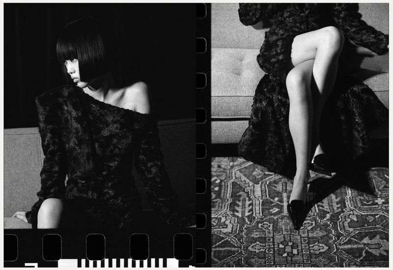 Monochrome portrait of a stylish woman in a fur coat seated on a couch, split composition with film strip border effect.