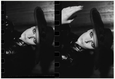 Monochrome diptych film frame featuring a model wearing a wide-brimmed dark hat and dark clothing against a textured background.