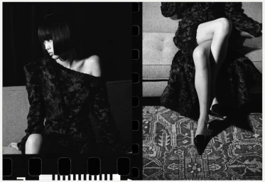 Black and white editorial diptych featuring models in dark textured clothing on a sofa with patterned rug