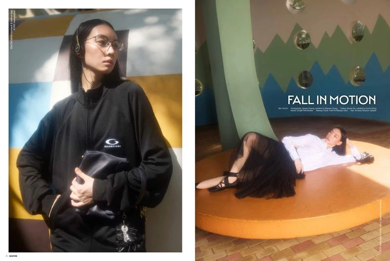 Two images side-by-side; Asian woman in black jacket with purse, posing against a backdrop of color; a woman lying down indoors.