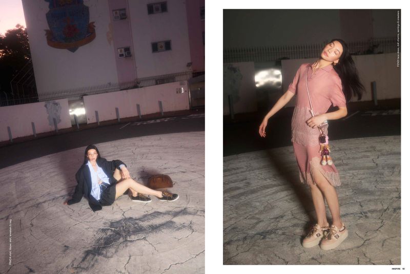 Two fashion shots: woman seated in jacket, skirt, and sneakers, with a bag; model in short dress and chunky sneakers in studio.