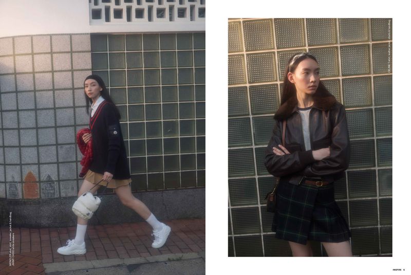Two split-screen images of an Asian woman in semi-formal attire standing outdoors against a glass-block wall, posing in fashionable styles.