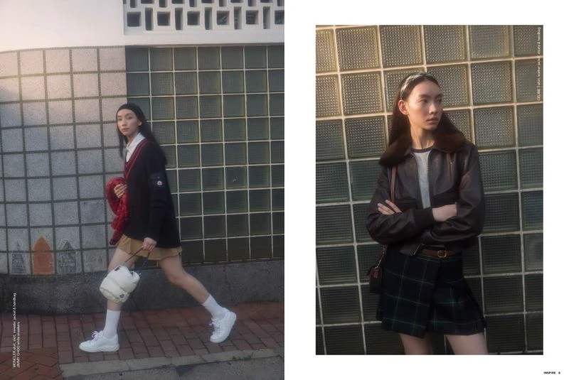Two split-screen images of an Asian woman in semi-formal attire standing outdoors against a glass-block wall, posing in fashionable styles.