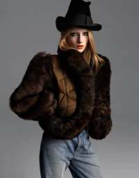 Model wearing a black hat, brown fur-trimmed jacket, and blue jeans against a grey studio backdrop.