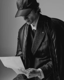 Monochrome portrait of a male model in a pinstripe suit, leather jacket, and cap reading a paper