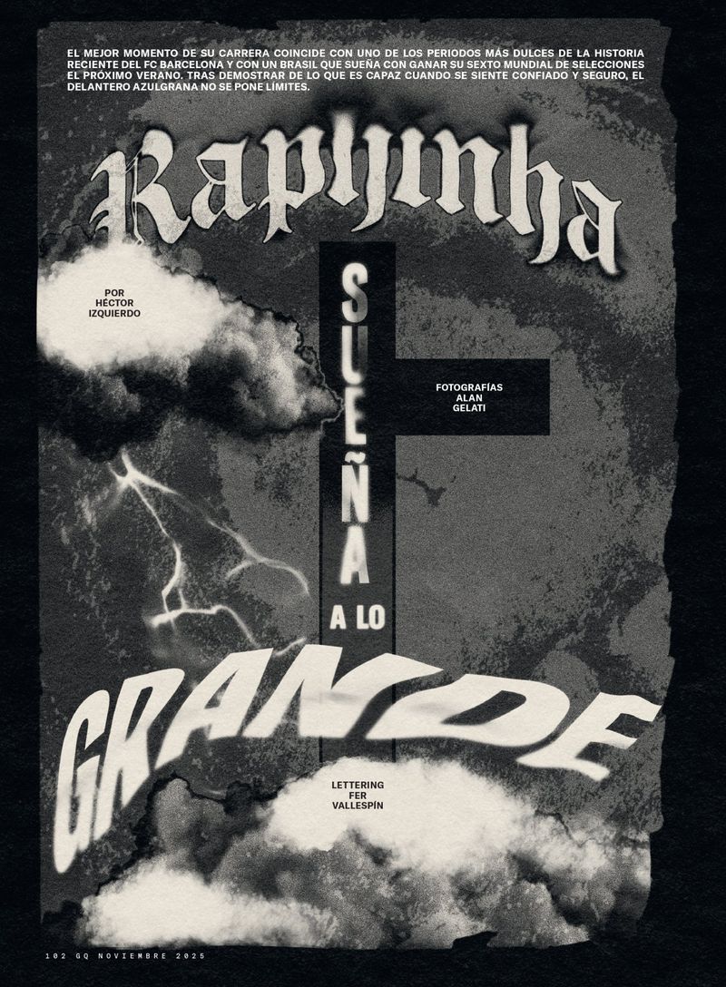 Dramatic sports poster with player's name, 'Raphinha,' in bold font against a dark cloudscape, with lightning and bold text overlay.