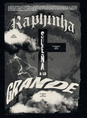 Dramatic sports poster with player's name, 'Raphinha,' in bold font against a dark cloudscape, with lightning and bold text overlay.