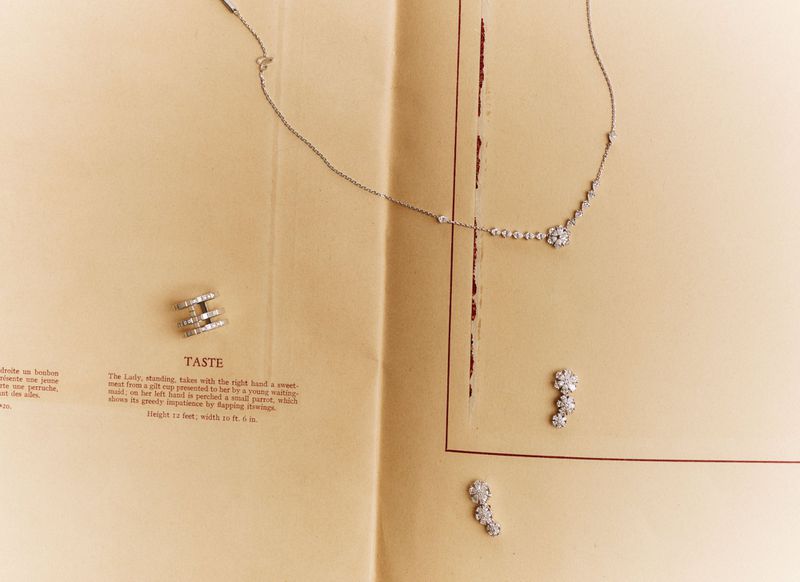 Elegant jewelry set including necklace, earrings, and a ring displayed on the pages of an open magazine, creating a sophisticated aesthetic.