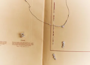 Diamond necklace, ring, and earrings arranged neatly on vintage paper with printed text and borders