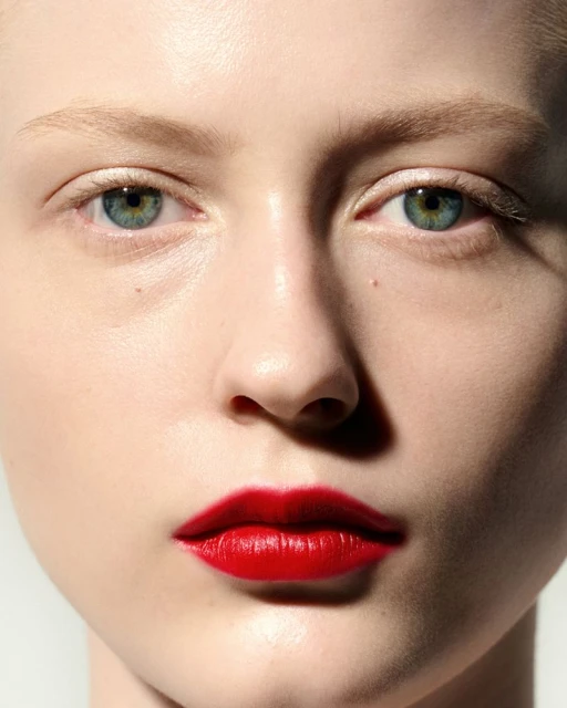 Close-up studio shot of a fair-skinned adult female with green eyes and red lipstick, fair hair, and neutral facial expression against white.