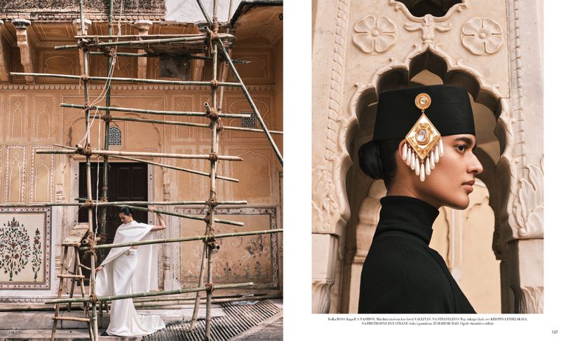 Two-page fashion editorial: A woman in white gown posing by bamboo scaffolding, contrasted with a close-up of a model wearing jewelry.