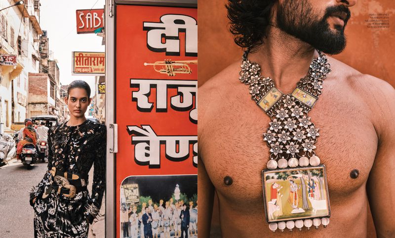 Fashion shot of a woman in a patterned dress in an urban Indian setting and a close-up of a man wearing a large decorative necklace.