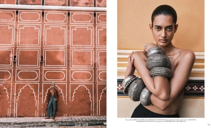 Editorial spread showing a South Asian model wearing heavy stacked silver bangles alongside a wide shot against an ornate terracotta wall.