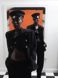 Two models wearing matching black jackets and caps posing in front of an abstract orange and black art piece.