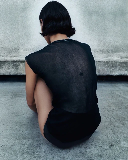 Back view of a young adult woman with short black hair crouching on a gray surface wearing a sheer black top with a star detail.