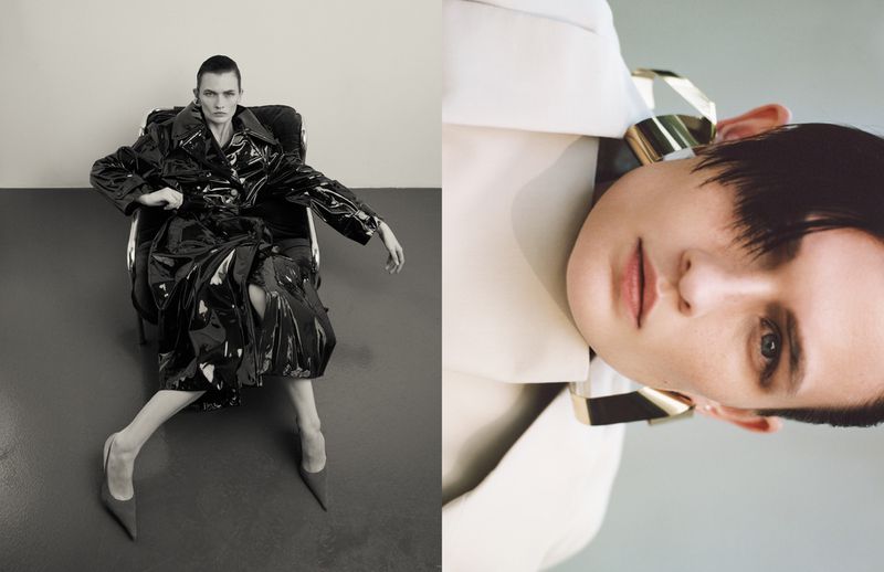 Fashion editorial shot of a woman in a black patent coat and red heels sitting in a chair, and a close-up of the same model.