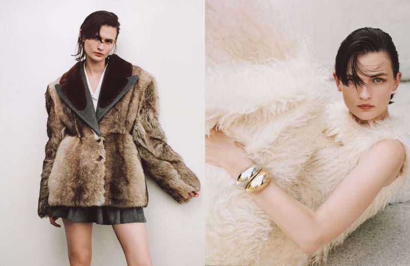 Two images featuring a woman wearing a brown fur coat and gold bracelet, and a cream-colored fur vest in a minimalist studio setting.