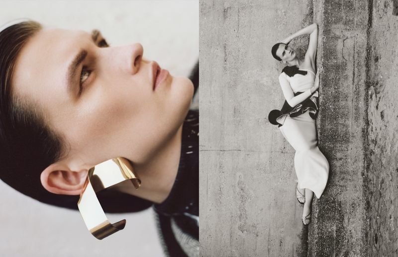 Close-up profile of model Lara Mullen wearing large gold earrings alongside full-length shot against concrete wall for Mia Le Journal.