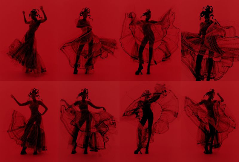Multiple exposures of a woman in a dress dancing against a red backdrop, creating a blurred motion effect. The composition shows her in different poses.