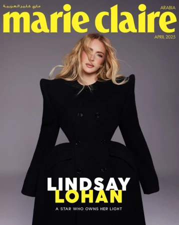 Magazine cover featuring Lindsay Lohan in a black dress, set against a grey background with 'Marie Claire' and 'April 2025' visible.