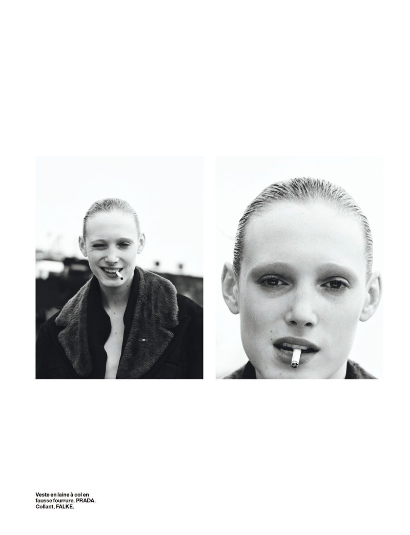 Black-and-white editorial portrait of a young adult female model smoking a cigarette, wearing a coat, with a close-up detail shot.