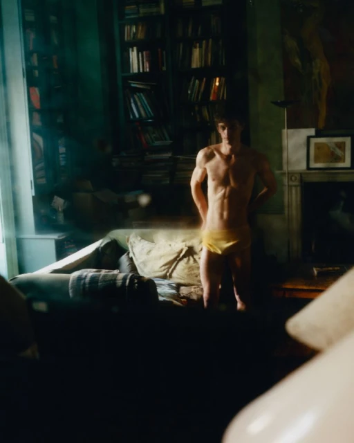 A shirtless adult male in briefs stands indoors in a dimly lit room with a bookcase, sofa, fireplace, and painting.