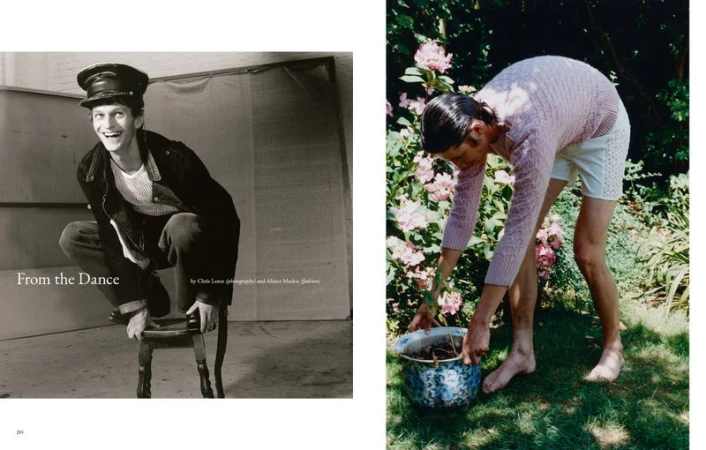 Black-and-white portrait of a male model seated on a stool; color shot of a man gardening in a pink sweater and white shorts.