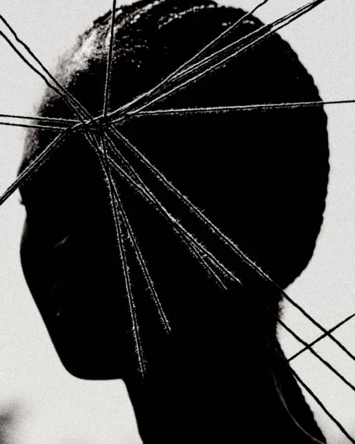 Monochromatic portrait of an African American woman's profile with thin white spikes radiating from her head against a soft grey backdrop.