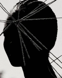 High-contrast silhouette of a person framed by intersecting geometric lines against a pale background