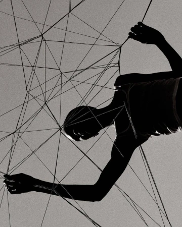 High-contrast black and white silhouette of a woman holding and intertwined within a geometric web of taut strings.