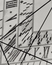 Close-up black and white photograph of a painted wall sundial with Roman numerals, geometric patterns, and cast metal gnomon shadows.