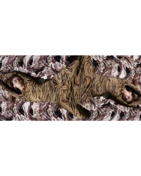 Two female models lying down against a patterned background wearing matching animal print patterned garments.