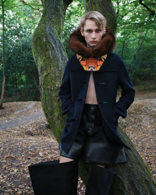 A person poses in a forest wearing a navy coat with fur trim, black shorts, and black boots. A tree trunk is behind the person.