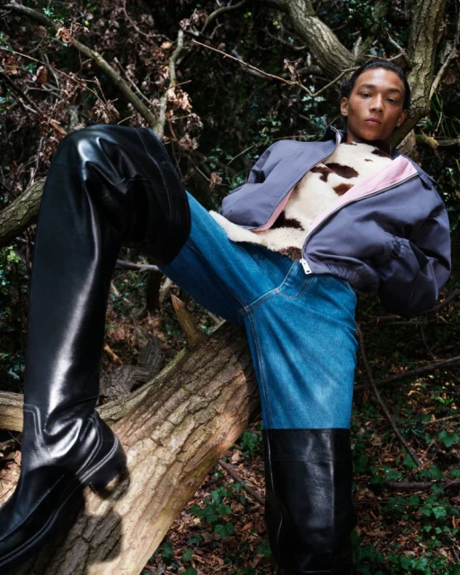 Fashionable young adult in a grey jacket, animal-print top, jeans, and tall black boots, posing on a fallen tree in a forest setting.