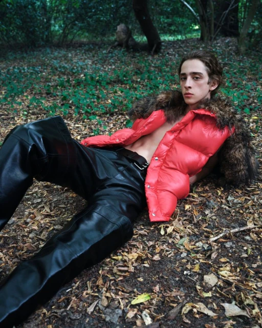 Young man in a red puffer jacket with a fur collar and black leather pants poses in a wooded outdoor setting on a bed of fallen leaves.