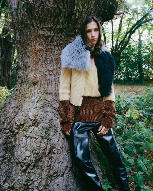 An adult fashion model leans against a tree in a forest setting, wearing a brown and beige color-blocked sweater, faux fur collar, and black pants.