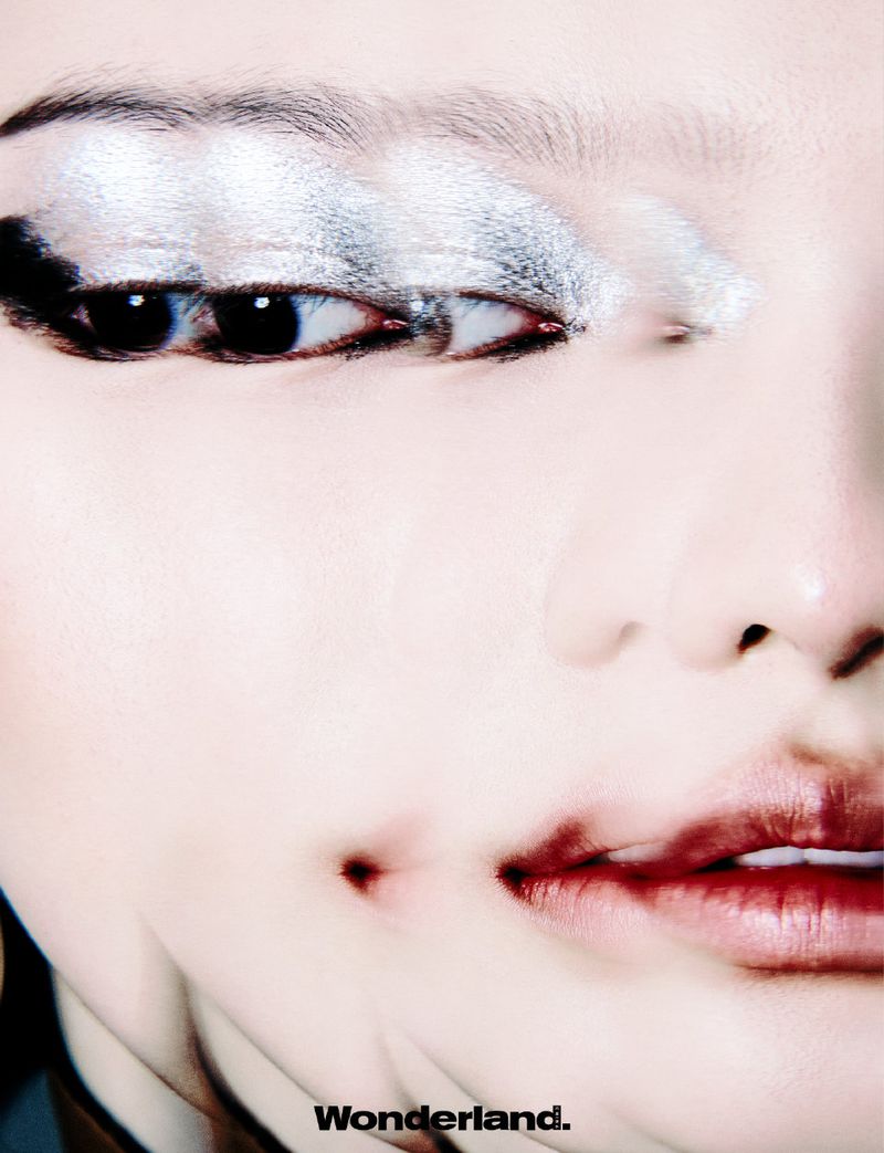 Close-up portrait of a woman with silver eyeshadow and dark red lipstick, highlighting a beauty and fashion aesthetic.