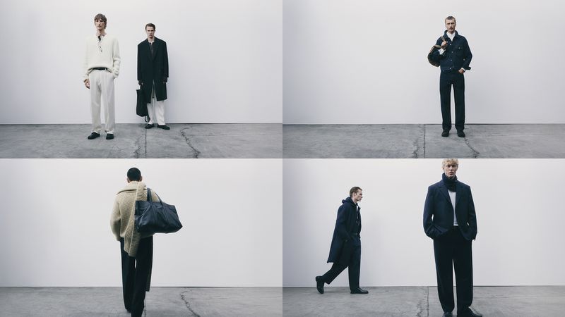 Multiple full-length studio shots of adult males wearing stylish winter outerwear and carrying tote bags against a white wall background.