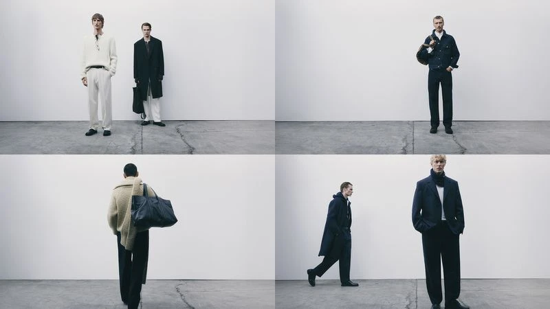 Multiple full-length studio shots of adult males wearing stylish winter outerwear and carrying tote bags against a white wall background.